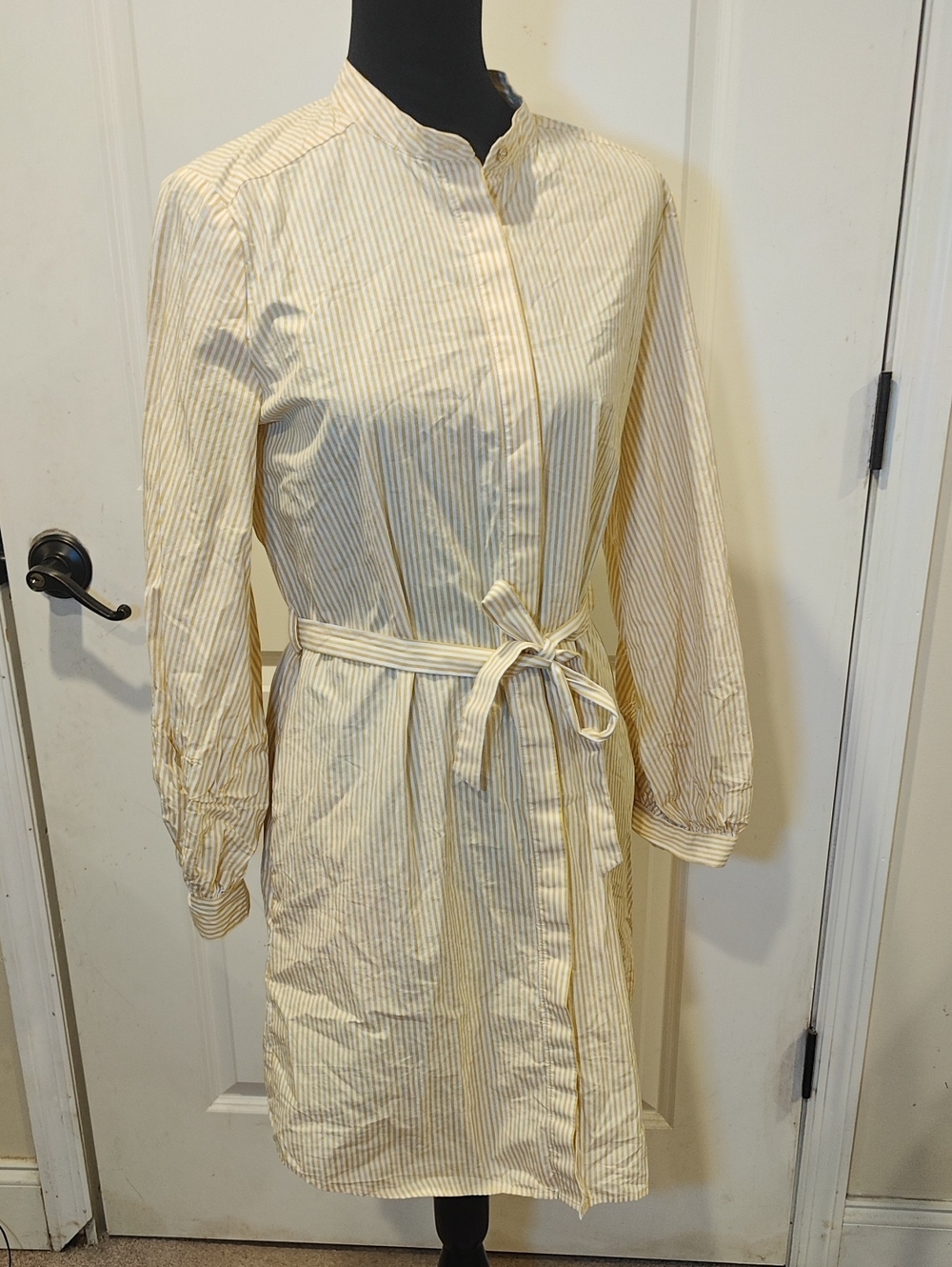 Calvin Klein Cream and Light Tan Striped Long-Sleeve Shirt Dress